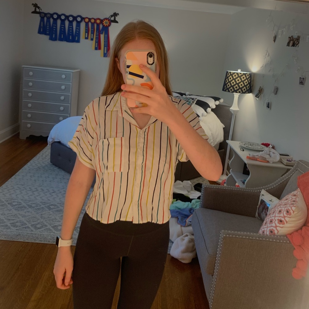 Colored striped button up shirt w/ a front pocket